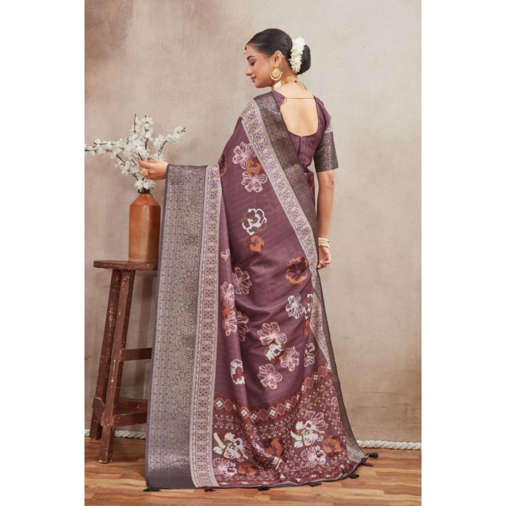 Women's Crepe Silk Printed Saree With Unstitched Blouse 5.5Mtr (purple)