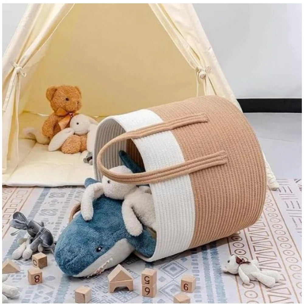 Cotton With Handle Pack of 1 Storage Basket For Clothes (White)