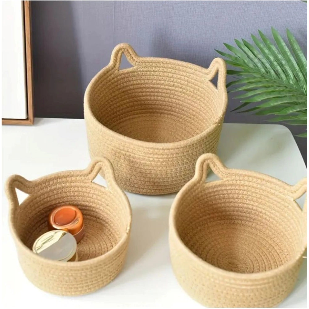 Cotton Cat Basket Pack of 3 Storage Basket For Clothes (Brown)