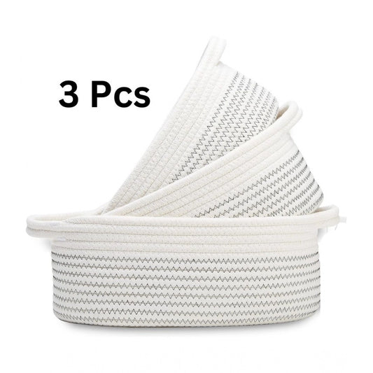 Cotton Zigzag Oval Basket Pack of 3 Storage Basket For Clothes (White)