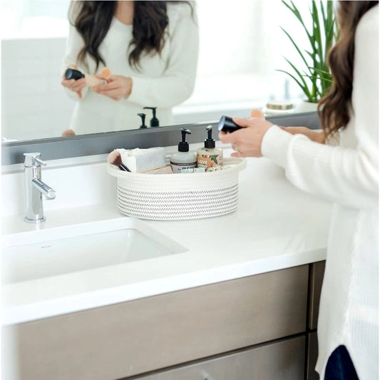 Cotton Zigzag Oval Basket Pack of 3 Storage Basket For Clothes (White)