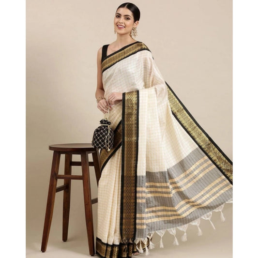 Women's Cotton Silk Checkered Saree With Unstitched Blouse 5.5Mtr (Black)