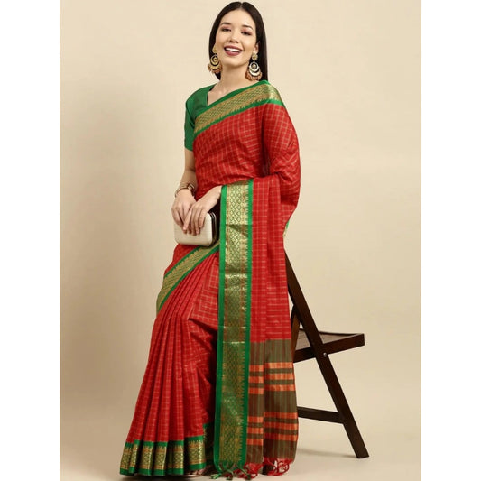 Women's Cotton Silk Checkered Saree With Unstitched Blouse 5.5Mtr (Red)