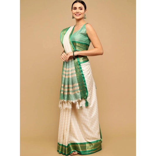 Women's Cotton Silk Checkered Saree With Unstitched Blouse 5.5Mtr (Green)