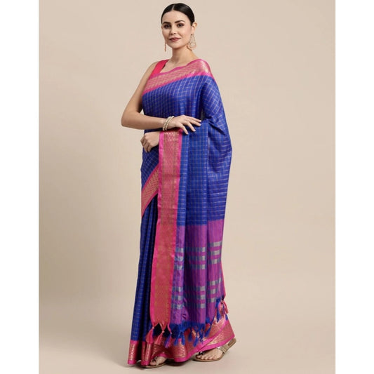 Women's Cotton Silk Checkered Saree With Unstitched Blouse 5.5Mtr (R Blue)