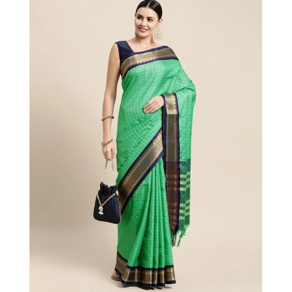 Women's Cotton Silk Checkered Saree With Unstitched Blouse 5.5Mtr (Green)