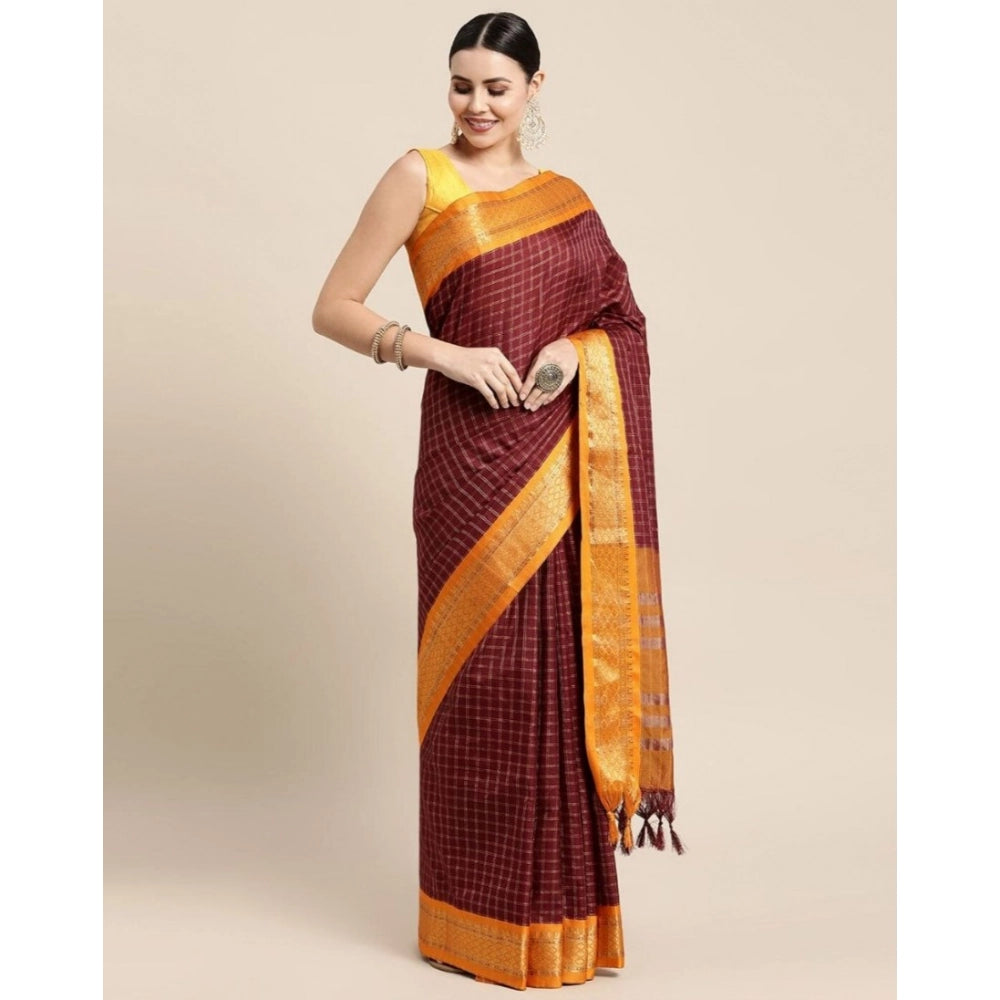 Women's Cotton Silk Checkered Saree With Unstitched Blouse 5.5Mtr (Coffee)