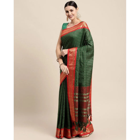 Women's Cotton Silk Checkered Saree With Unstitched Blouse 5.5Mtr (B Green)