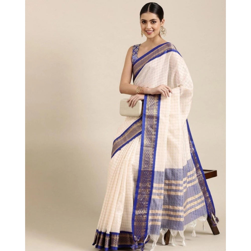 Women's Cotton Silk Checkered Saree With Unstitched Blouse 5.5Mtr (R Blue)