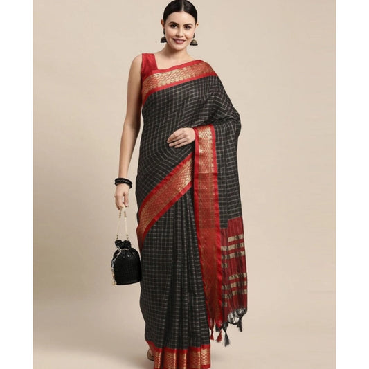 Women's Cotton Silk Checkered Saree With Unstitched Blouse 5.5Mtr (Black)