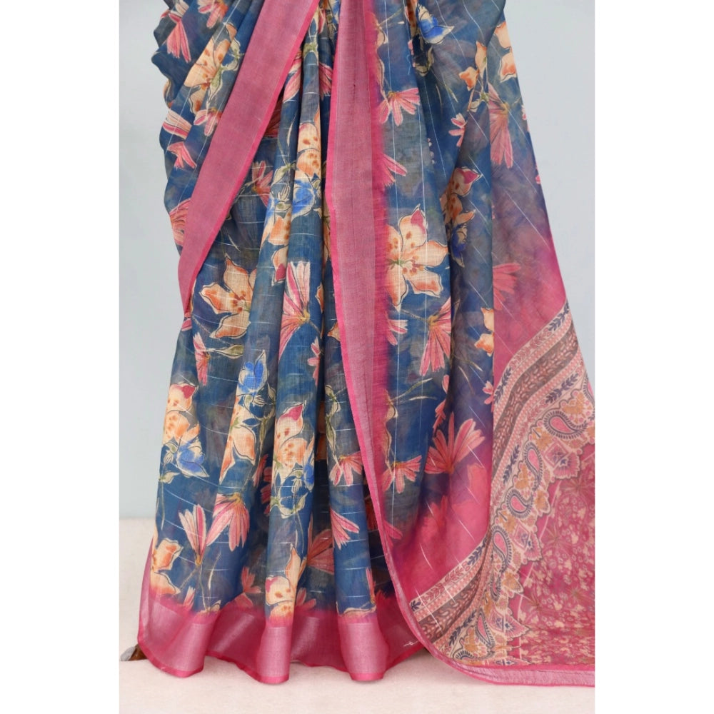 Women's Linen Digital Print Saree With Unstitched Blouse 5.5Mtr (Blue)