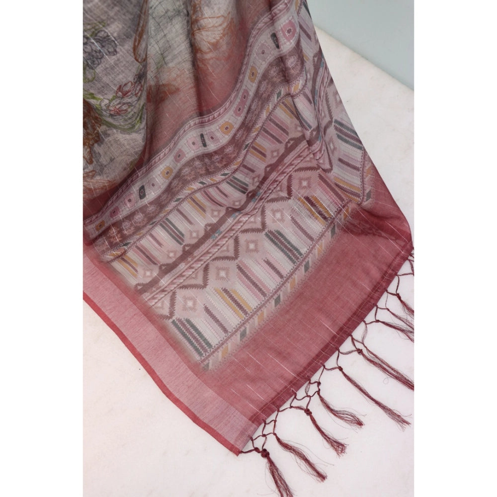 Women's Linen Digital Print Saree With Unstitched Blouse 5.5Mtr (Multicolor)