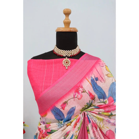 Women's Linen Digital Print Saree With Unstitched Blouse 5.5Mtr (pink)
