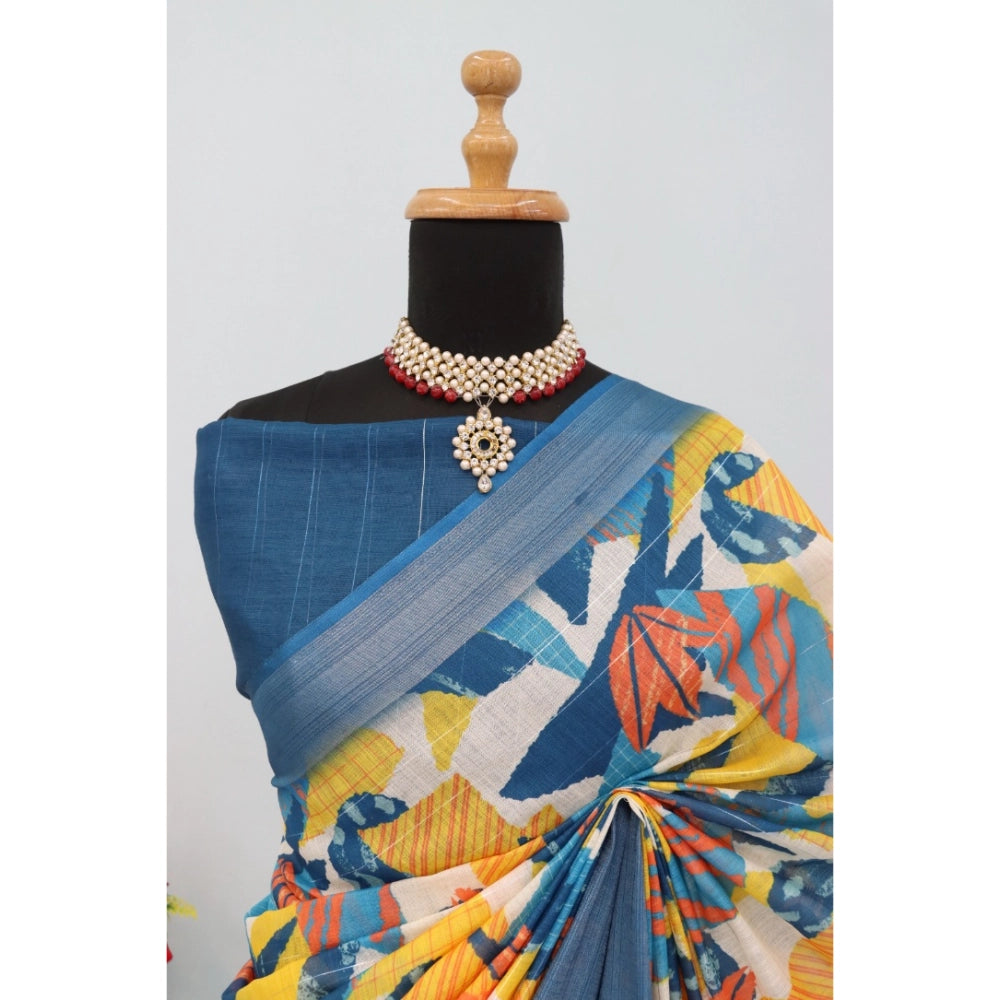 Women's Linen Digital Print Saree With Unstitched Blouse 5.5Mtr (Multicolor)