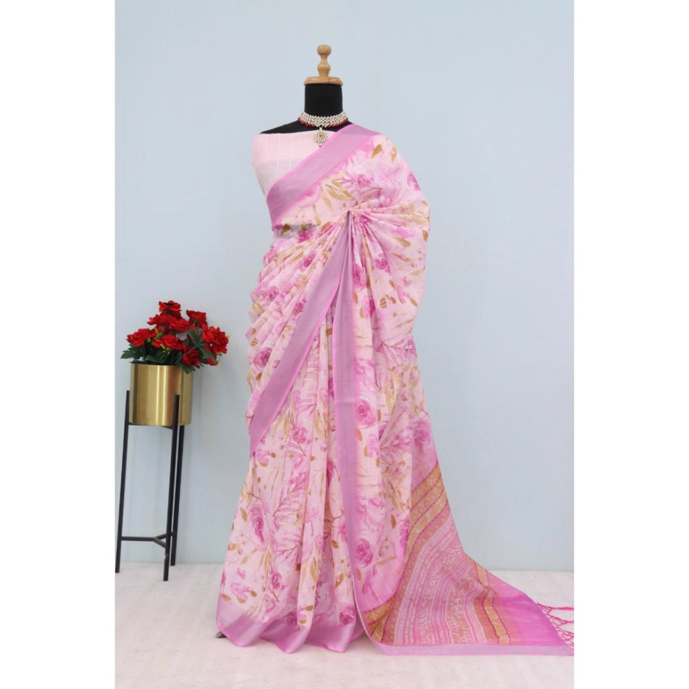 Women's Linen Digital Print Saree With Unstitched Blouse 5.5Mtr (Pink)