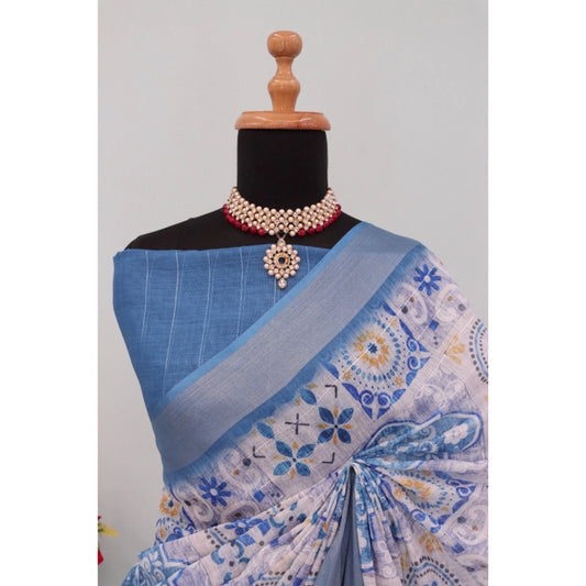 Women's Linen Digital Print Saree With Unstitched Blouse 5.5Mtr (Blue)
