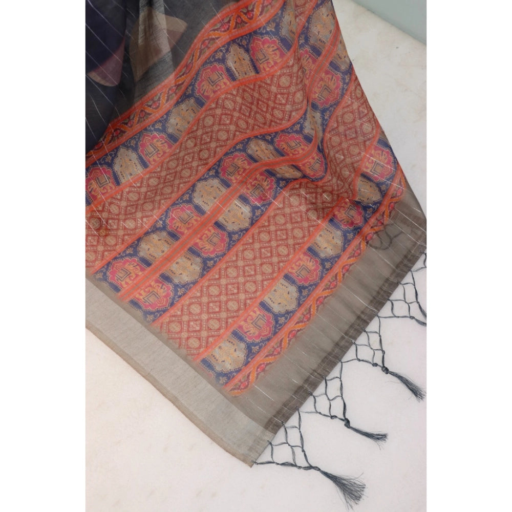 Women's Linen Digital Print Saree With Unstitched Blouse 5.5Mtr (Blue)