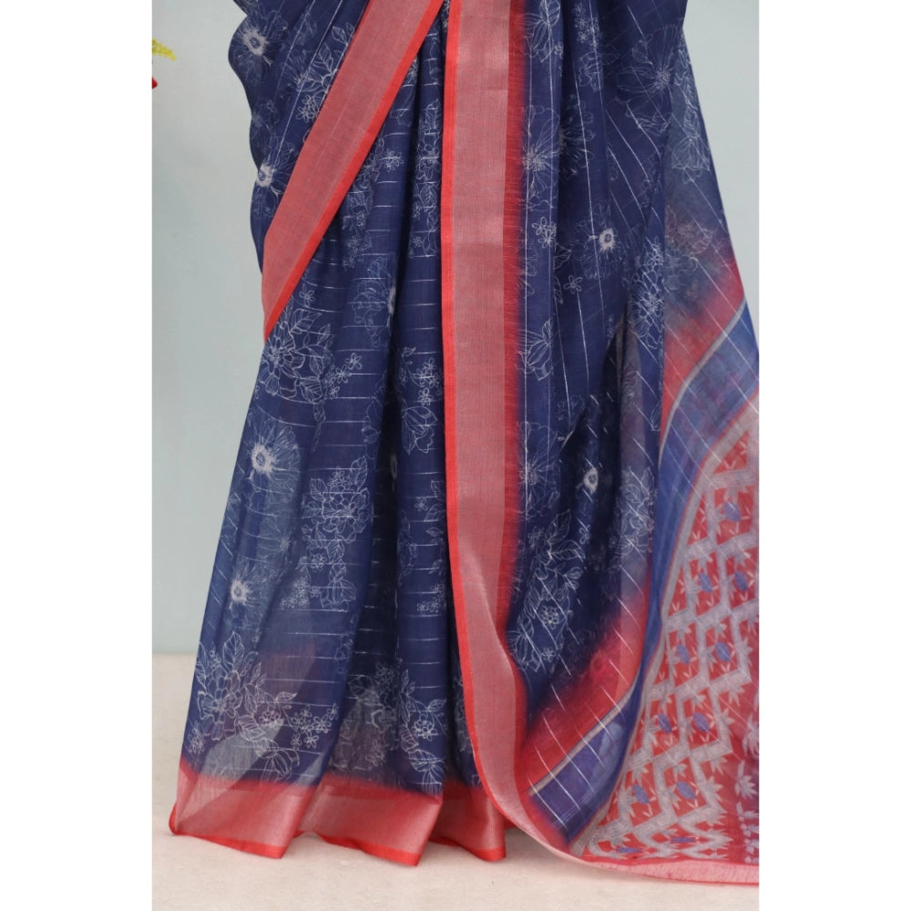 Women's Linen Digital Print Saree With Unstitched Blouse 5.5Mtr (Blue)