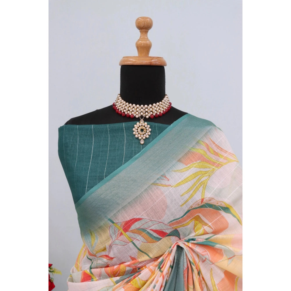 Women's Linen Digital Print Saree With Unstitched Blouse 5.5Mtr (Green)