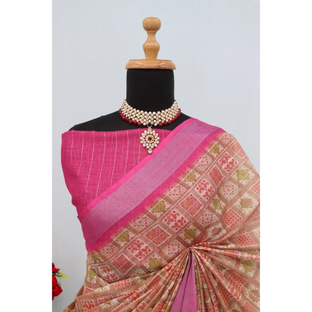 Women's Linen Digital Print Saree With Unstitched Blouse 5.5Mtr (Pink)