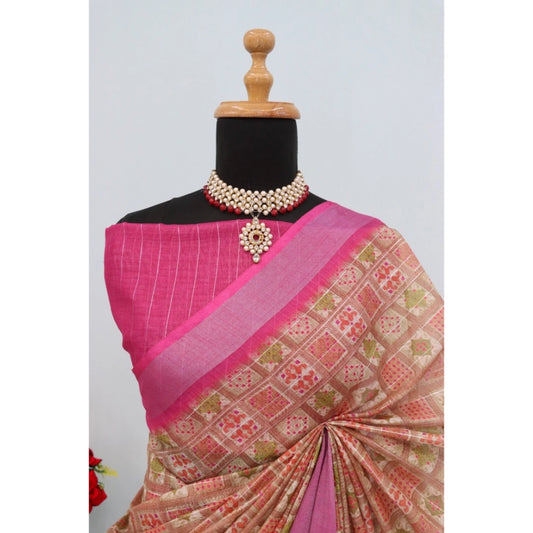 Women's Linen Digital Print Saree With Unstitched Blouse 5.5Mtr (Pink)