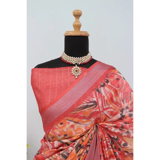 Women's Linen Digital Print Saree With Unstitched Blouse 5.5Mtr (Pink)