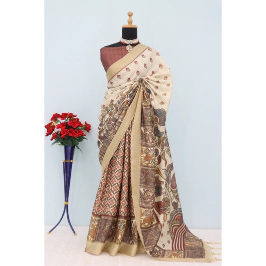 Women's Mysore Silk  Digital Print Saree With Unstitched Blouse 5.5Mtr (Beige)
