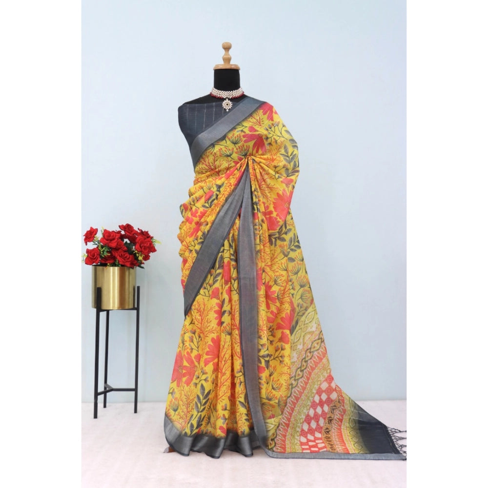 Women's Linen Digital Print Saree With Unstitched Blouse 5.5Mtr (Multicolor)