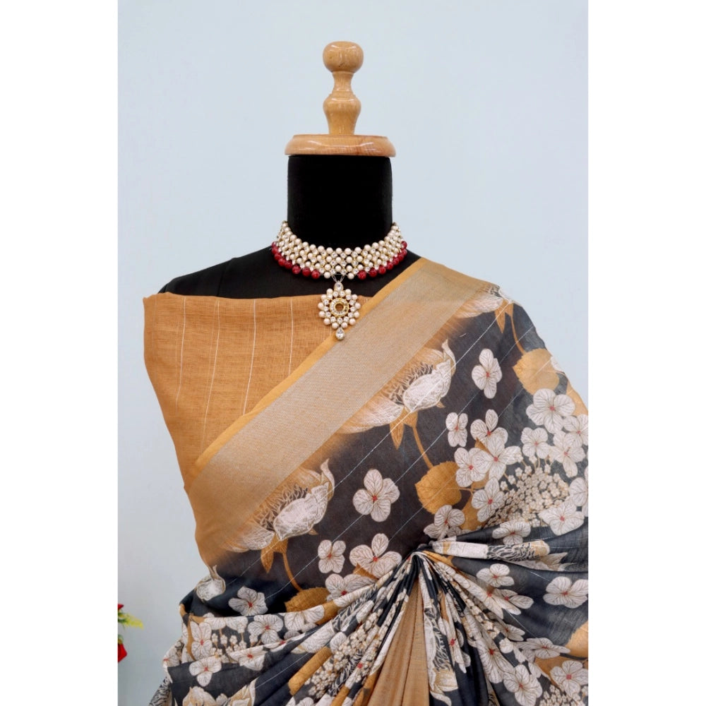Women's Linen Digital Print Saree With Unstitched Blouse 5.5Mtr (Black)
