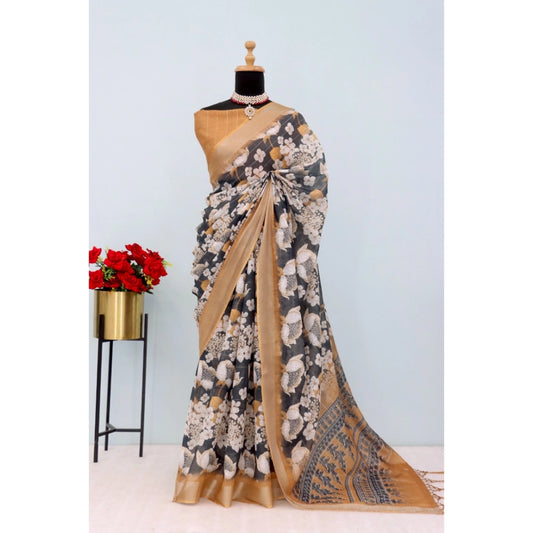 Women's Linen Digital Print Saree With Unstitched Blouse 5.5Mtr (Black)