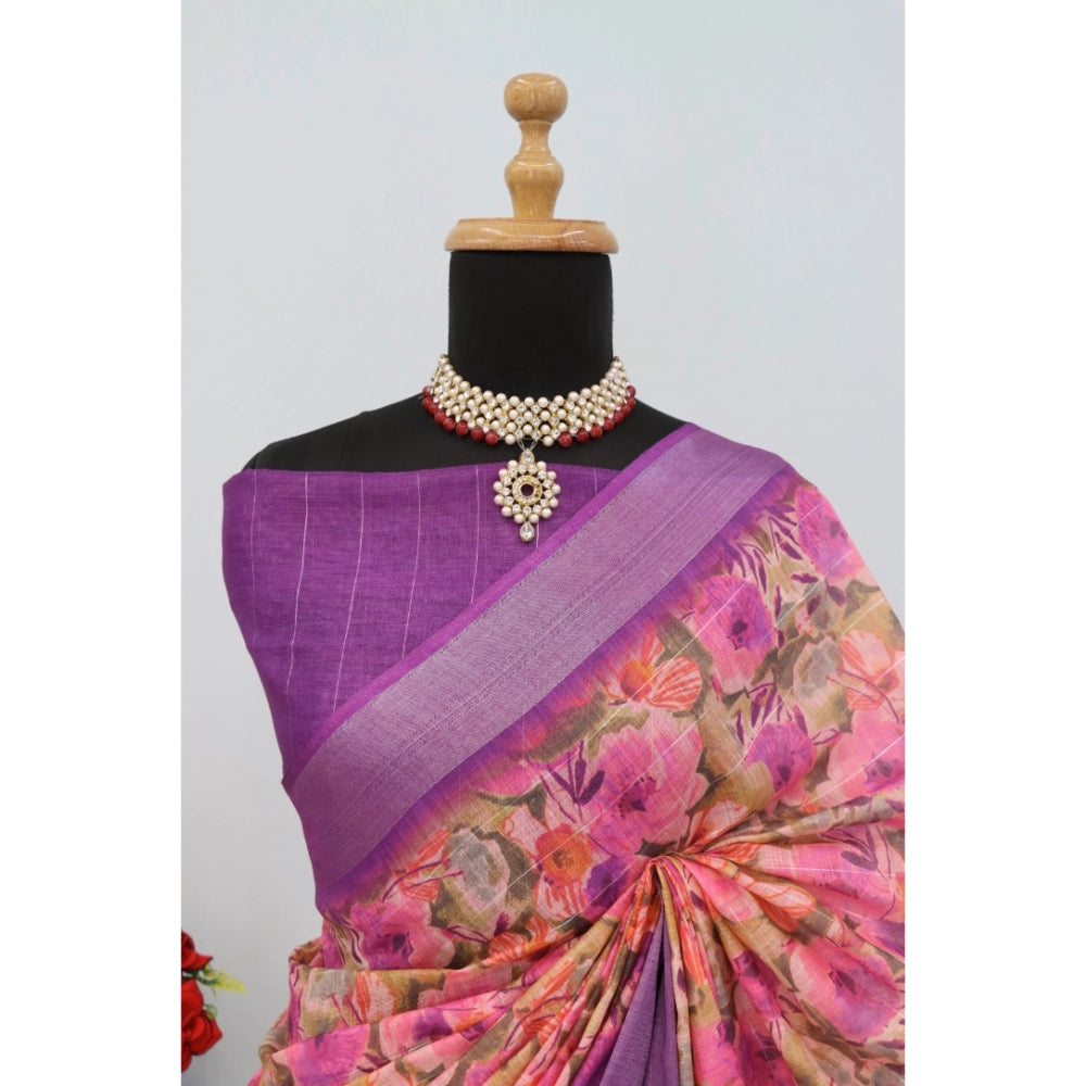Women's Linen Digital Print Saree With Unstitched Blouse 5.5Mtr (Purple)