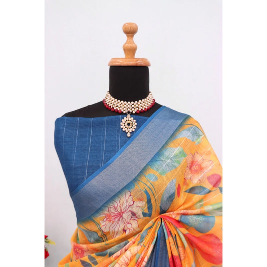 Women's Linen Digital Print Saree With Unstitched Blouse 5.5Mtr (Yellow)