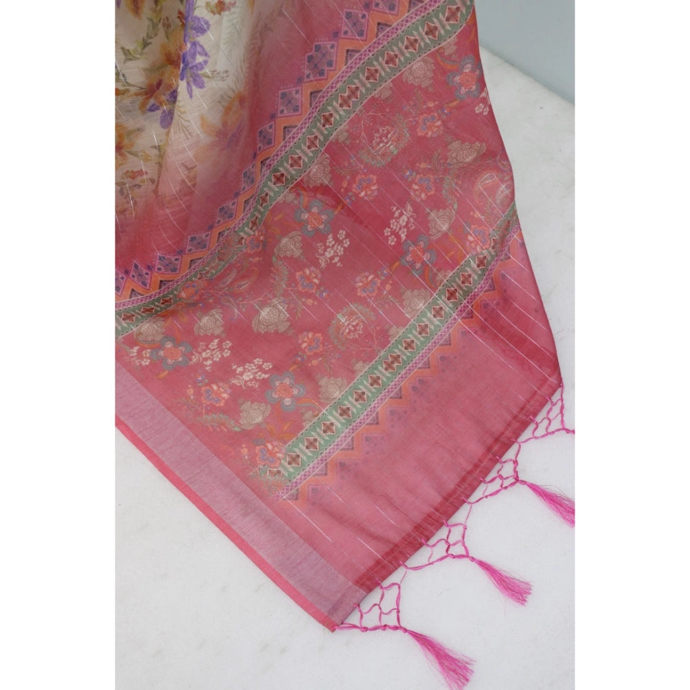 Women's Linen Digital Print Saree With Unstitched Blouse 5.5Mtr (Pink)
