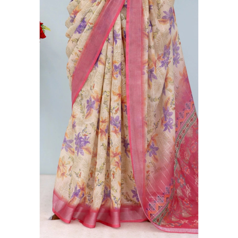 Women's Linen Digital Print Saree With Unstitched Blouse 5.5Mtr (Pink)