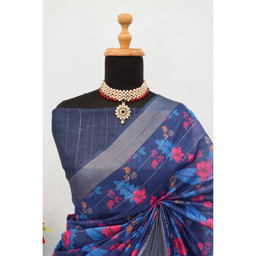 Women's Linen Digital Print Saree With Unstitched Blouse 5.5Mtr (Blue)