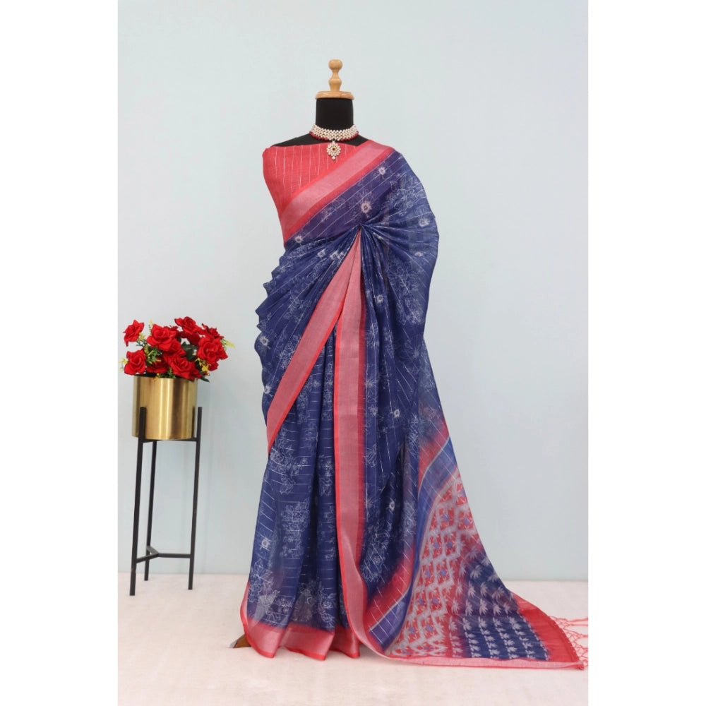 Women's Linen Digital Print Saree With Unstitched Blouse 5.5Mtr (Blue)