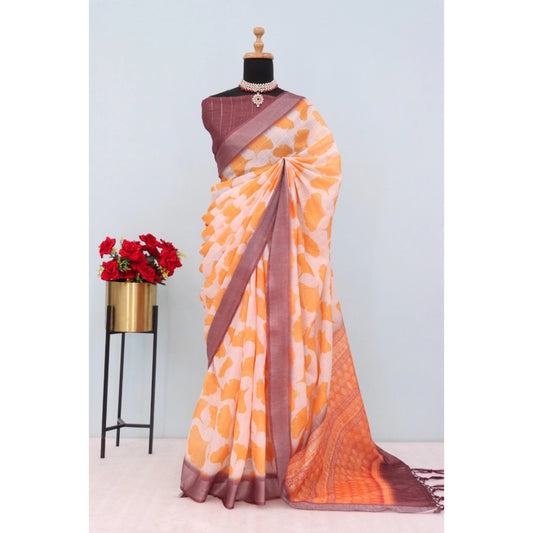 Women's Linen Digital Print Saree With Unstitched Blouse 5.5Mtr (Orange)