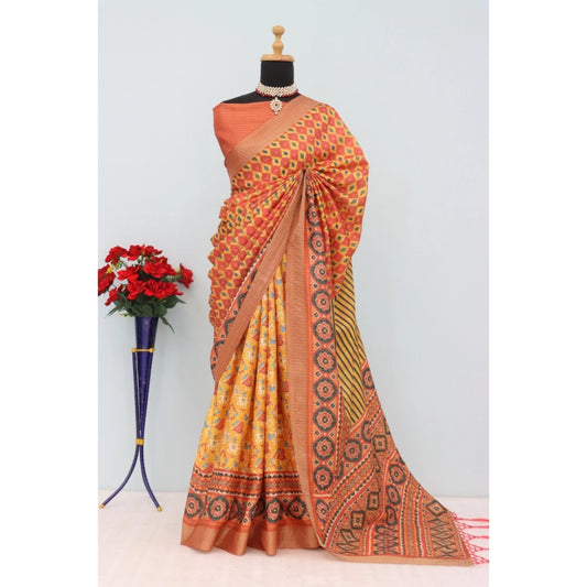 Women's Mysore Silk  Digital Print Saree With Unstitched Blouse 5.5Mtr (Orange)