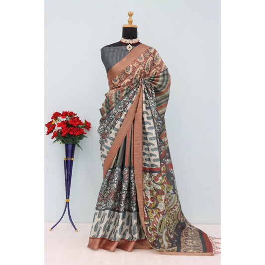 Women's Mysore Silk  Digital Print Saree With Unstitched Blouse 5.5Mtr (Grey)