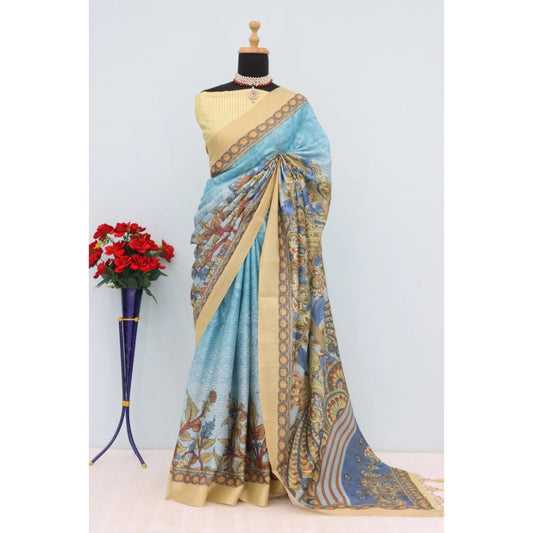 Women's Mysore Silk  Digital Print Saree With Unstitched Blouse 5.5Mtr (Sky Blue)