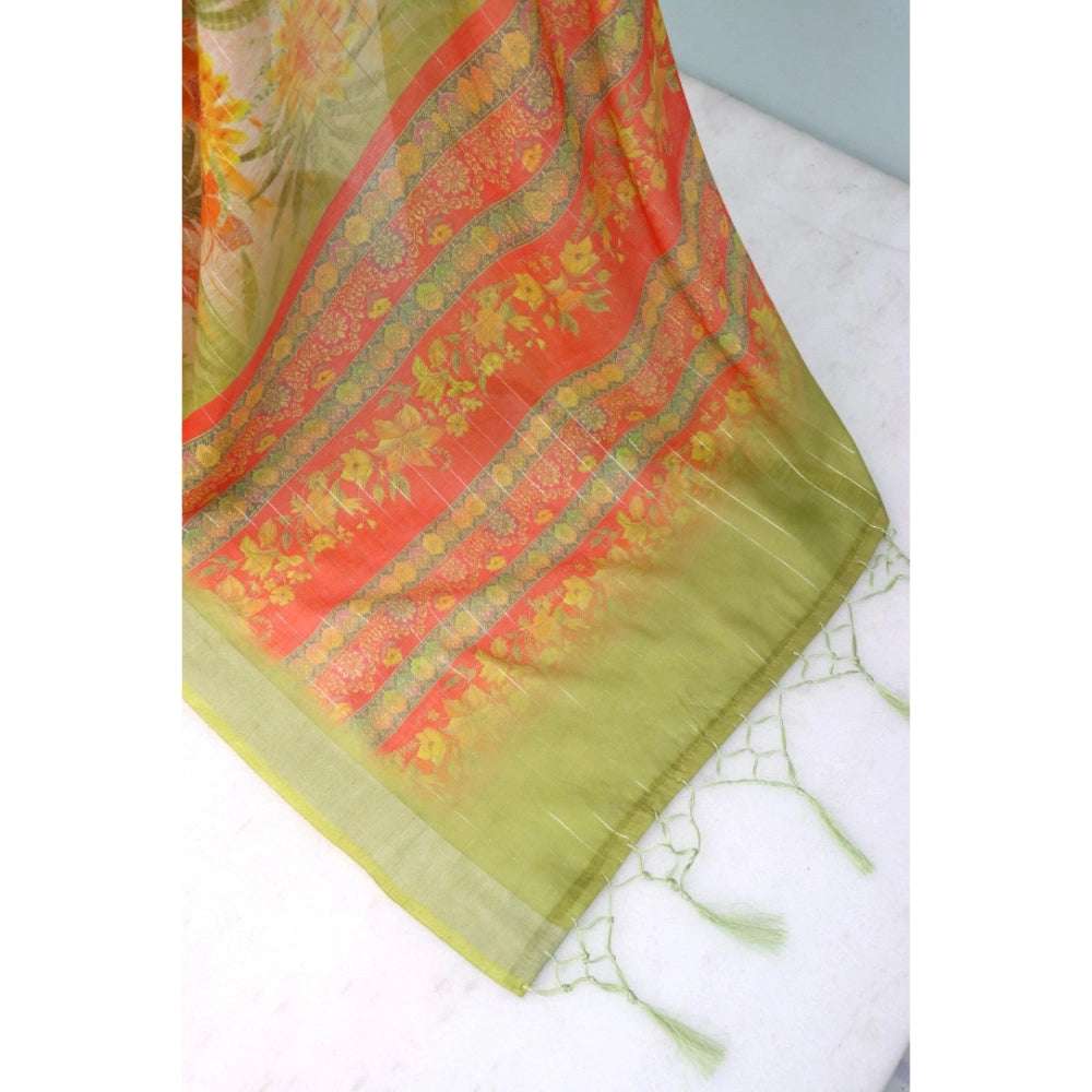 Women's Linen Digital Print Saree With Unstitched Blouse 5.5Mtr (Multicolor)
