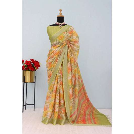 Women's Linen Digital Print Saree With Unstitched Blouse 5.5Mtr (Multicolor)