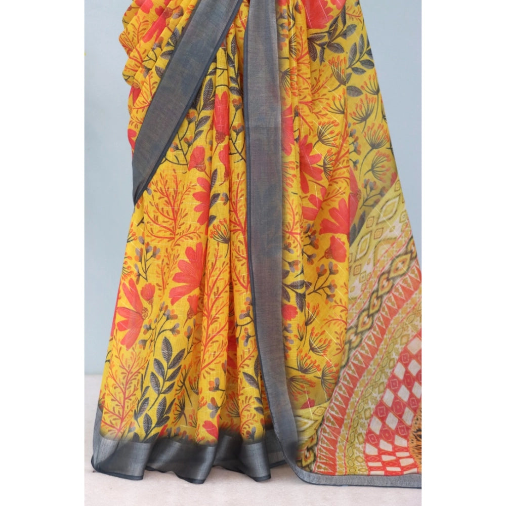 Women's Linen Digital Print Saree With Unstitched Blouse 5.5Mtr (Multicolor)