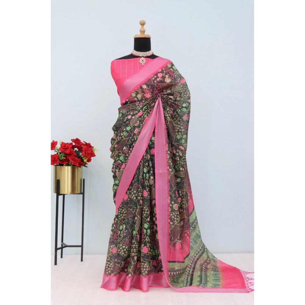 Women's Linen Digital Print Saree With Unstitched Blouse 5.5Mtr (Multicolor)