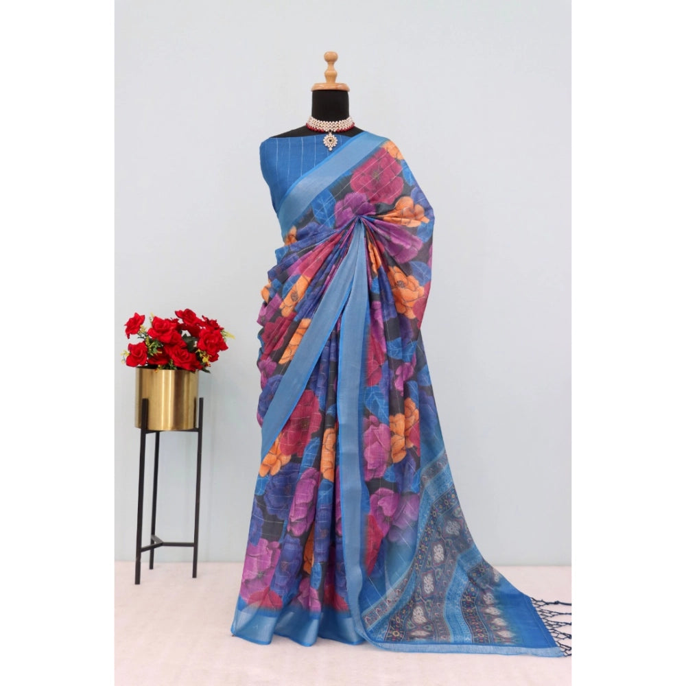Women's Linen Digital Print Saree With Unstitched Blouse 5.5Mtr (Blue)