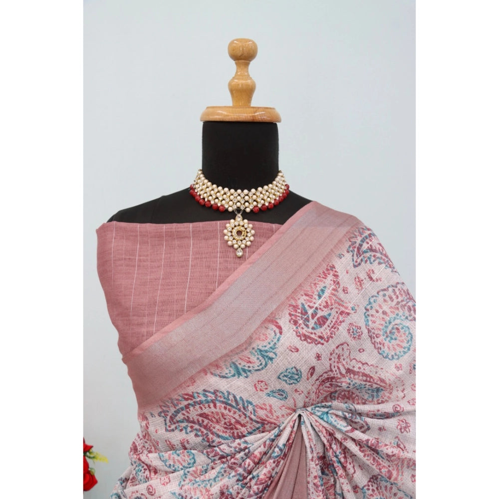 Women's Linen Digital Print Saree With Unstitched Blouse 5.5Mtr (Brown)