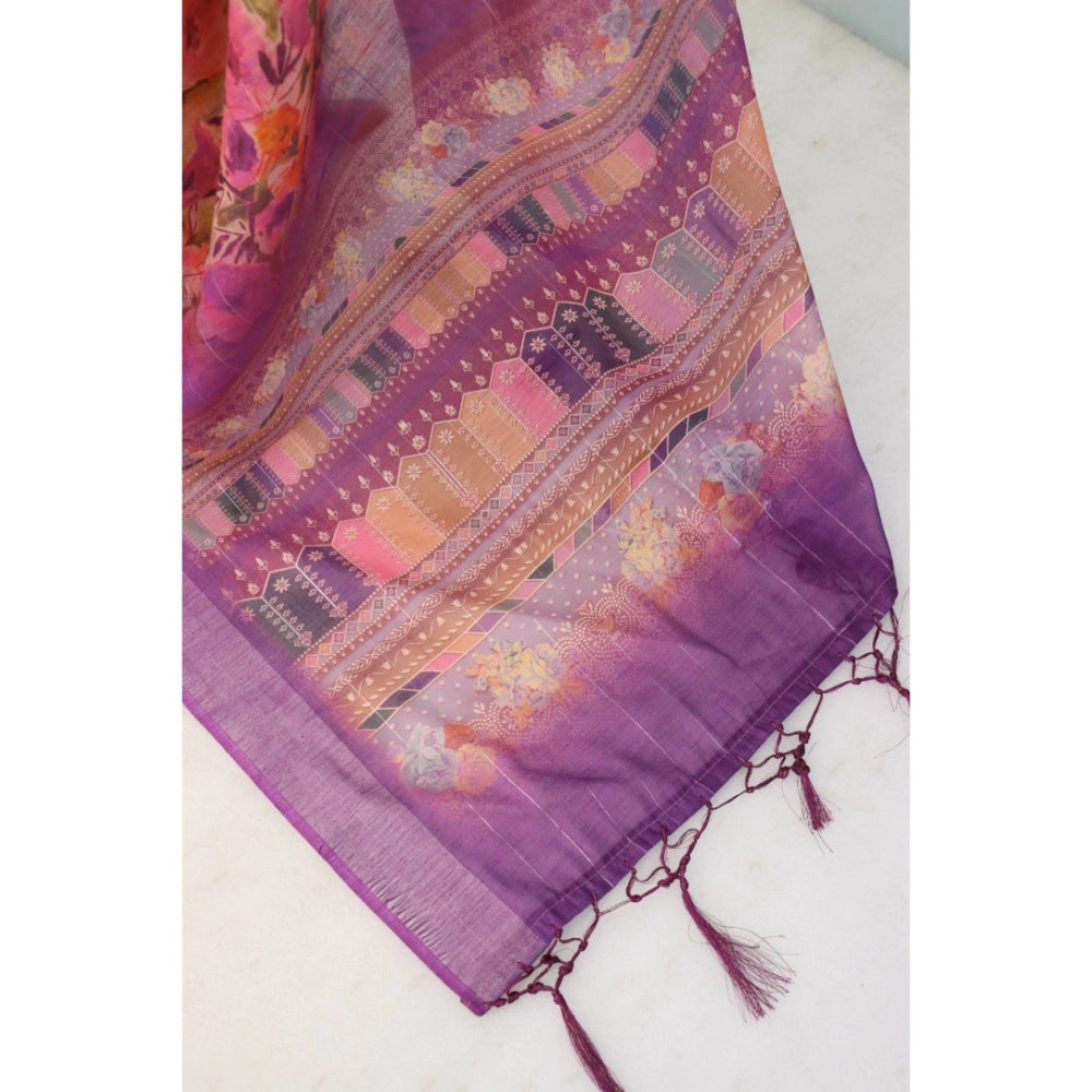 Women's Linen Digital Print Saree With Unstitched Blouse 5.5Mtr (Purple)