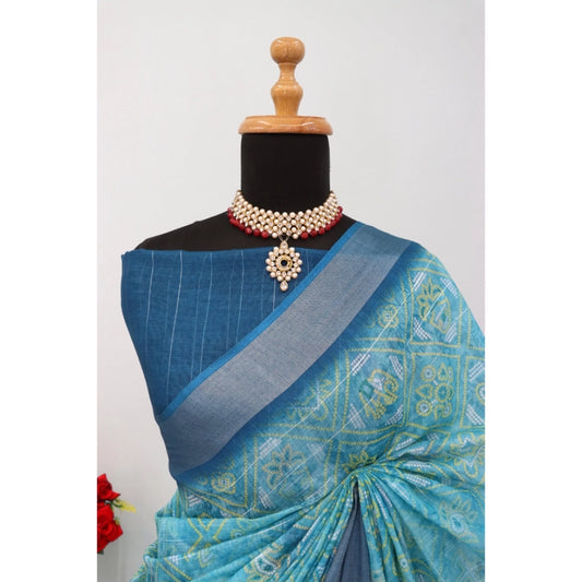 Women's Linen Digital Print Saree With Unstitched Blouse 5.5Mtr (Sky Blue)