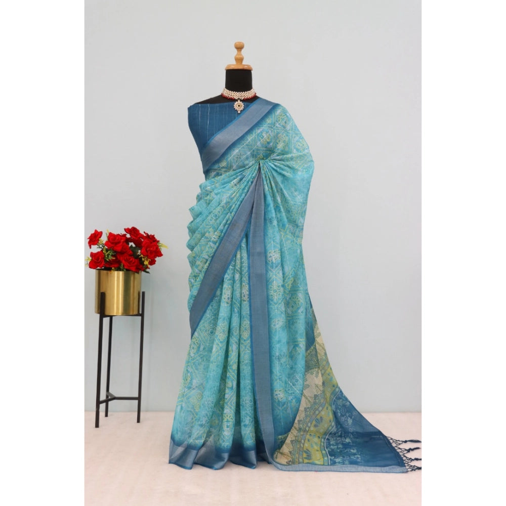 Women's Linen Digital Print Saree With Unstitched Blouse 5.5Mtr (Sky Blue)