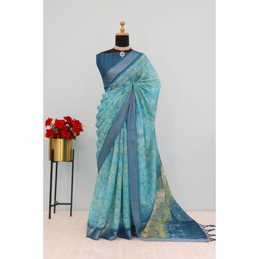 Women's Linen Digital Print Saree With Unstitched Blouse 5.5Mtr (Sky Blue)